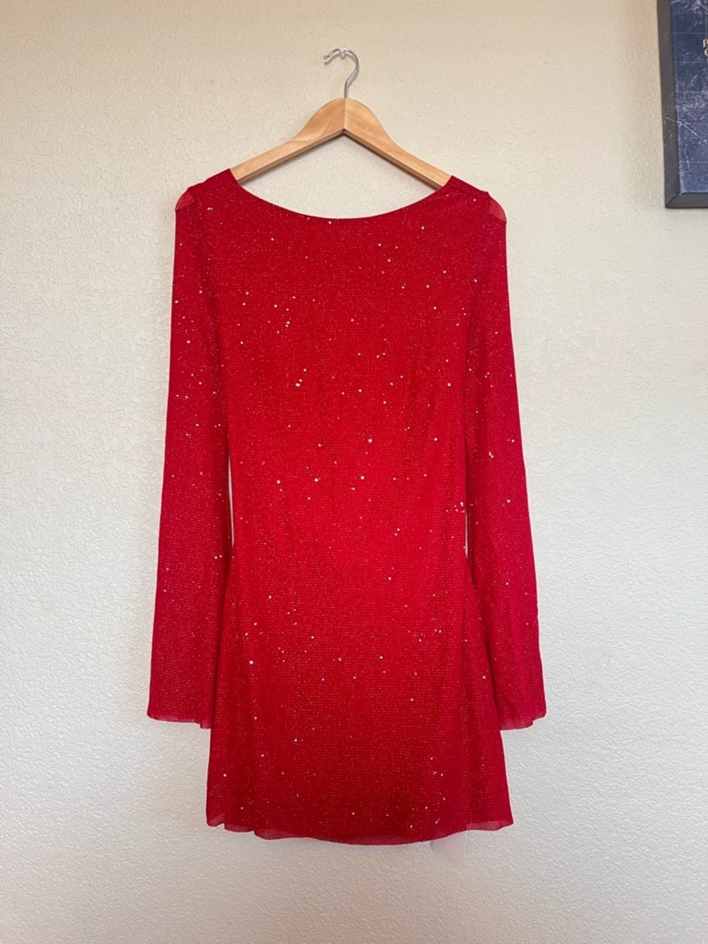 Women’s Sparkly Red Long-Sleeve Mini Dress with Open Back - Picture 12 of 12